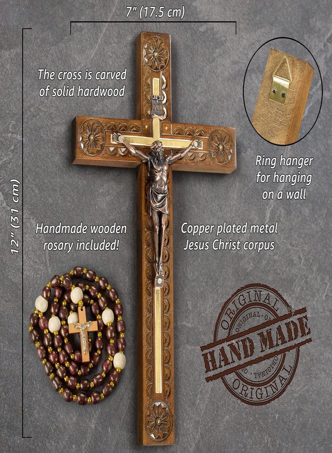 Asterom Hand Carved Crucifix Wall Cross for Home Decor - Wooden Catholic Wall Crucifix - 12 Inch - Image 3